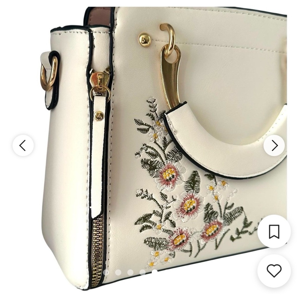 Cream Floral Embroidered Structured Satchel Crossbody Bag Cat Coin Purse Charm - Picture 10 of 15